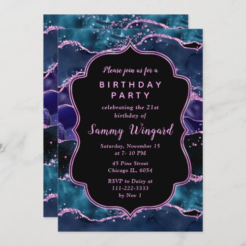 Navy Blue and Purple Glitter Ocean Agate Birthday Invitation