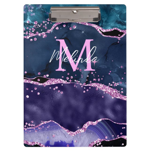 Navy Blue and Purple Glitter Ocean Agate Clipboard (Front)