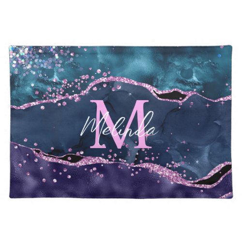 Navy Blue and Purple Glitter Ocean Agate Cloth Placemat