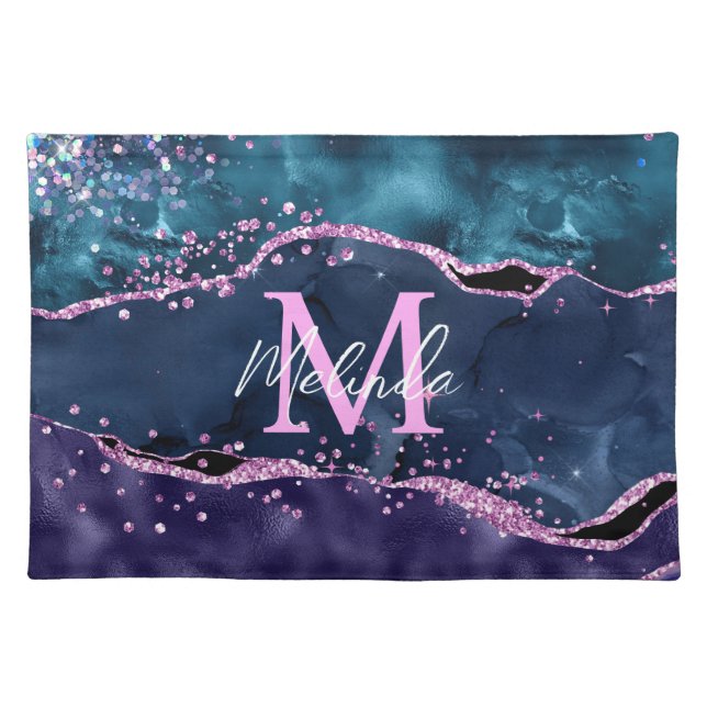 Navy Blue and Purple Glitter Ocean Agate Cloth Placemat (Front)