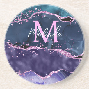 Navy Blue and Purple Glitter Ocean Agate Coaster