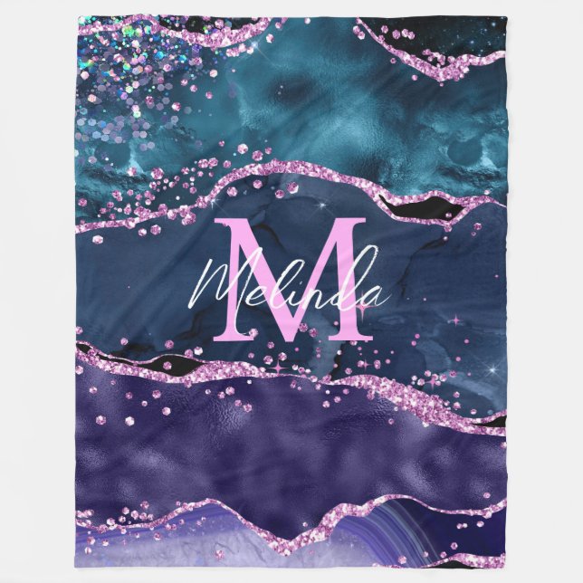 Navy Blue and Purple Glitter Ocean Agate Fleece Blanket (Front)