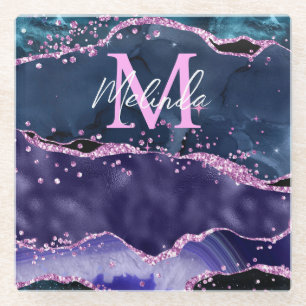Navy Blue and Purple Glitter Ocean Agate Glass Coaster