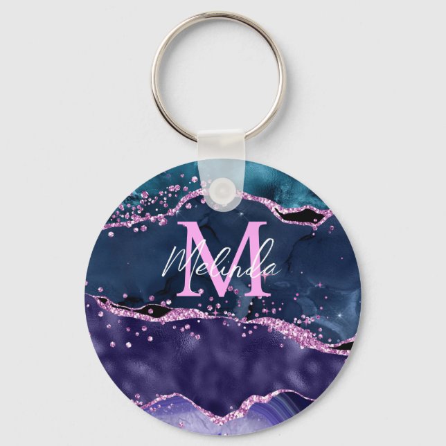 Navy Blue and Purple Glitter Ocean Agate Keychain (Front)