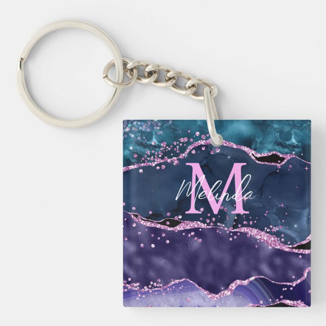 Navy Blue and Purple Glitter Ocean Agate Keychain (Front)
