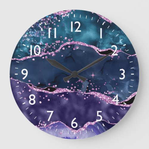 Navy Blue and Purple Glitter Ocean Agate Large Clock