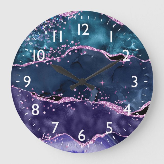 Navy Blue and Purple Glitter Ocean Agate Large Clock (Front)