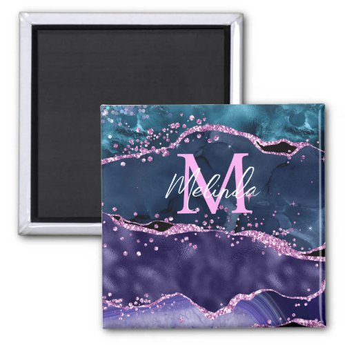 Navy Blue and Purple Glitter Ocean Agate Magnet