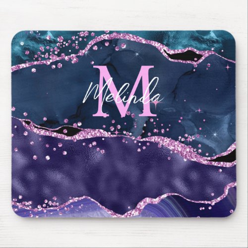 Navy Blue and Purple Glitter Ocean Agate Mouse Pad