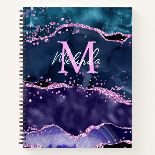 Navy Blue and Purple Glitter Ocean Agate Notebook