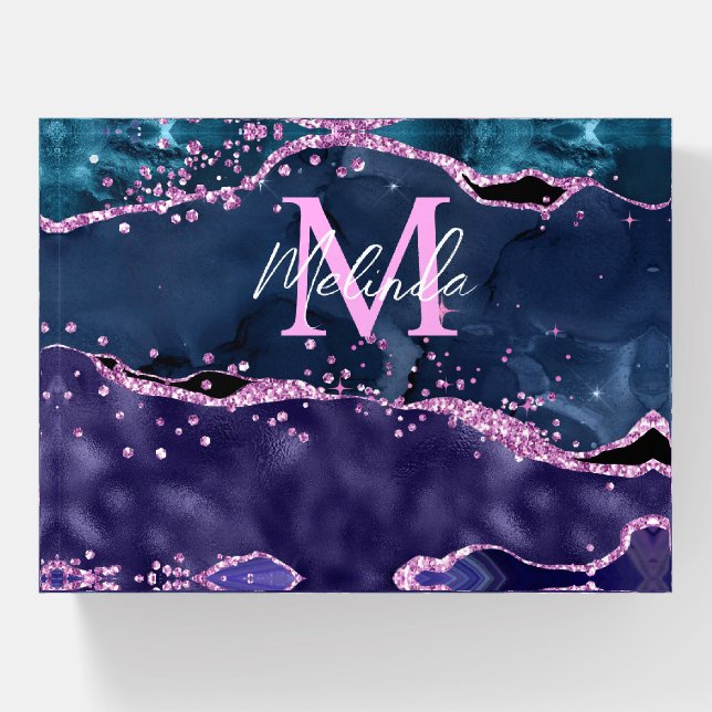 Navy Blue and Purple Glitter Ocean Agate Paperweight (Front)