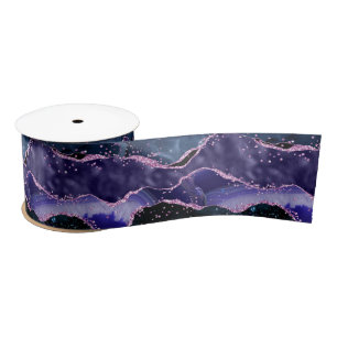Navy Blue and Purple Glitter Ocean Agate Satin Ribbon