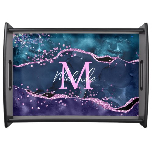 Navy Blue and Purple Glitter Ocean Agate Serving Tray
