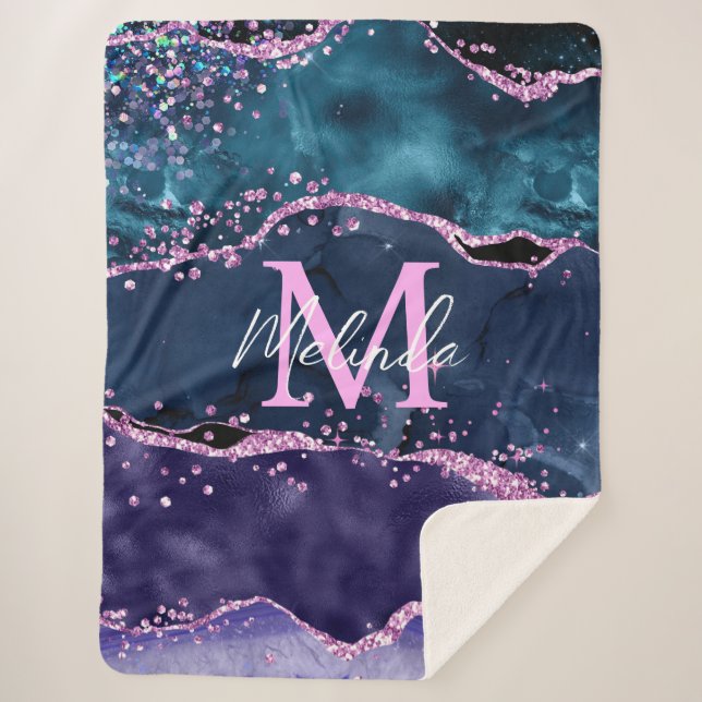 Navy Blue and Purple Glitter Ocean Agate Sherpa Blanket (Front)