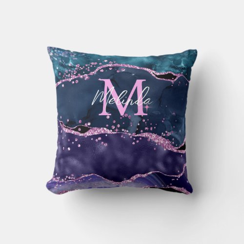 Navy Blue and Purple Glitter Ocean Agate Throw Pillow