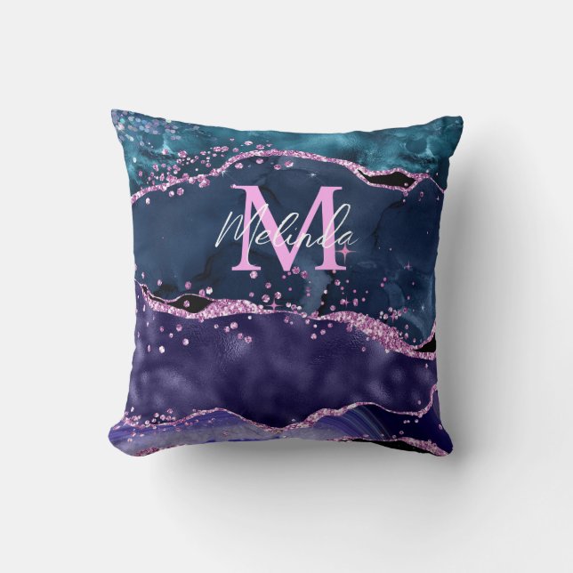 Navy Blue and Purple Glitter Ocean Agate Throw Pillow (Front)