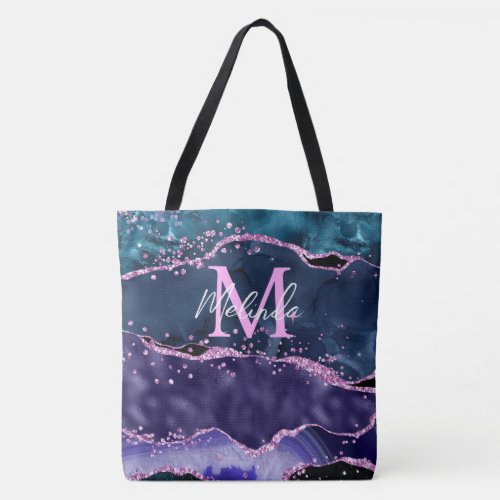 Navy Blue and Purple Glitter Ocean Agate Tote Bag