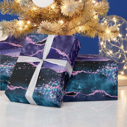 Navy Blue and Purple Glitter Ocean Agate Wrapping Paper