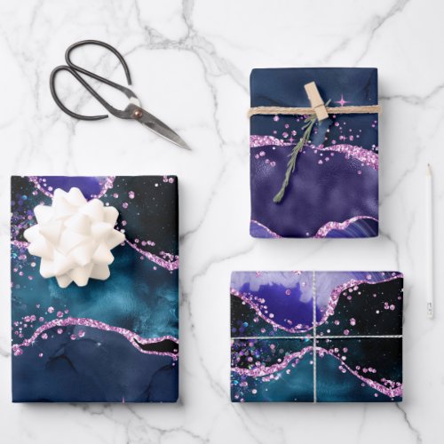 Navy Blue and Purple Glitter Ocean Agate Wrapping Paper Sheets