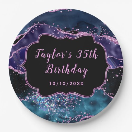 Navy Blue and Purple Ocean Agate Birthday Paper Plates