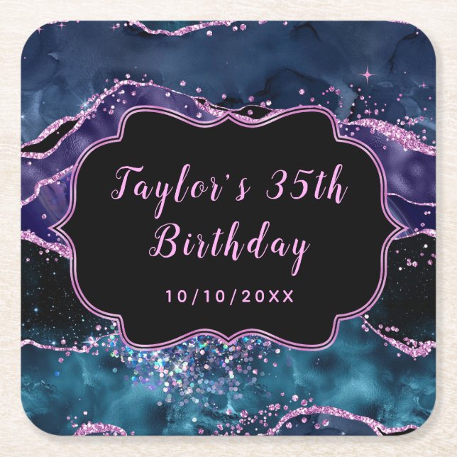 Navy Blue and Purple Ocean Agate Birthday Square Paper Coaster (Front)