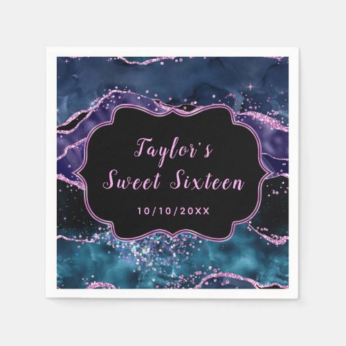Navy Blue and Purple Ocean Agate Sweet Sixteen Napkins