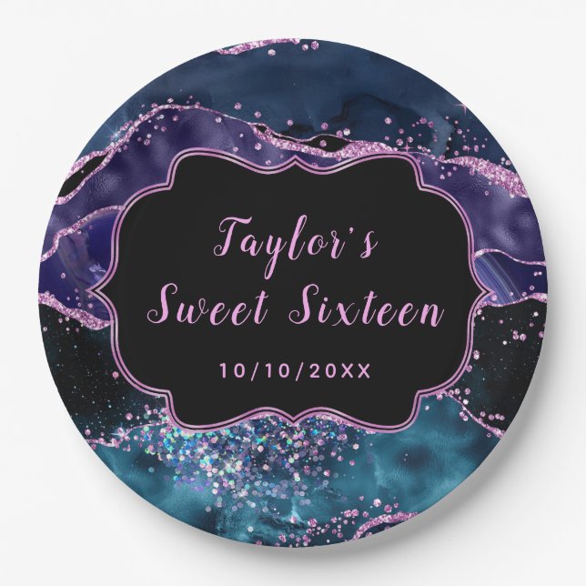 Navy Blue and Purple Ocean Agate Sweet Sixteen Paper Plates (Front)