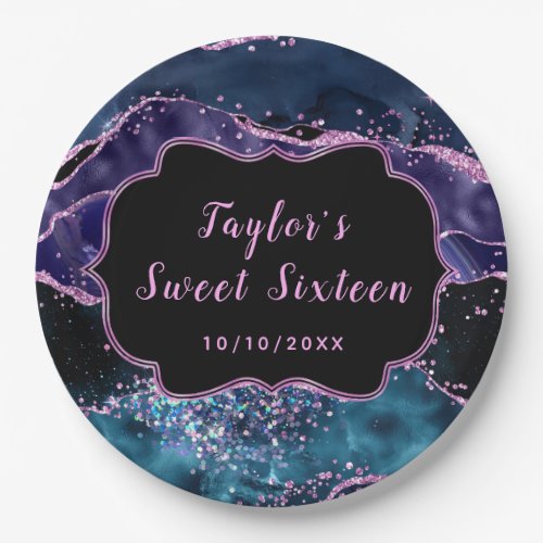 Navy Blue and Purple Ocean Agate Sweet Sixteen Paper Plates