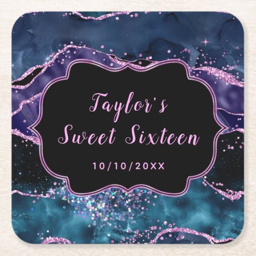 Navy Blue and Purple Ocean Agate Sweet Sixteen Square Paper Coaster