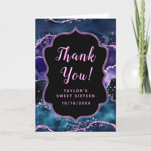Navy Blue and Purple Ocean Agate Sweet Sixteen Thank You Card