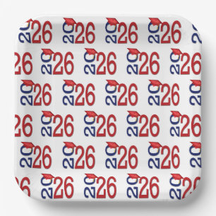Navy Blue and Red 2026 Graduation Paper Plates
