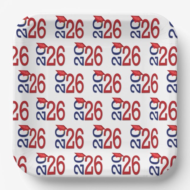 Navy Blue and Red 2026 Graduation Paper Plates (Front)