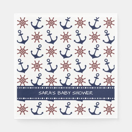 Navy Blue and red Anchor rudder pattern Nautical Napkins
