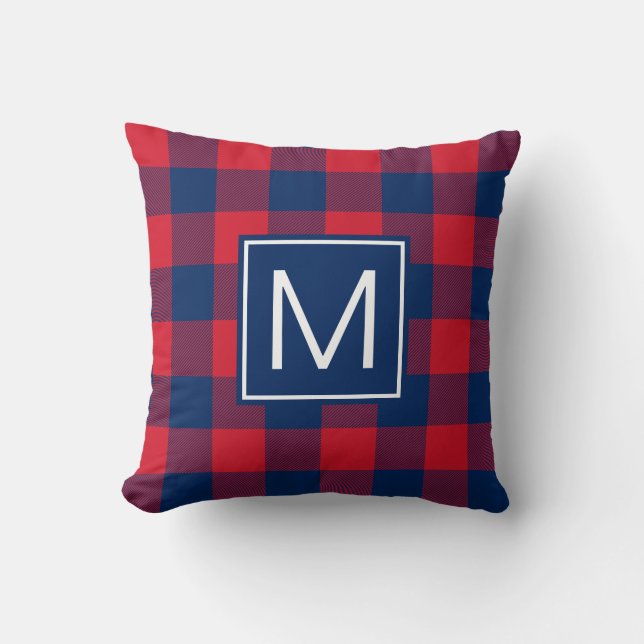 Navy Blue and Red Buffalo Plaid Monogrammed Throw Pillow (Front)