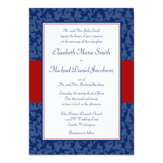 Navy Blue and Red Damask Swirl Wedding Invitations