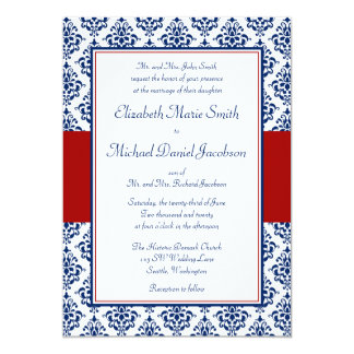 Navy Blue and Red Damask Wedding Invitations