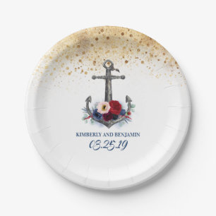 Navy blue and red floral anchor nautical wedding paper plates
