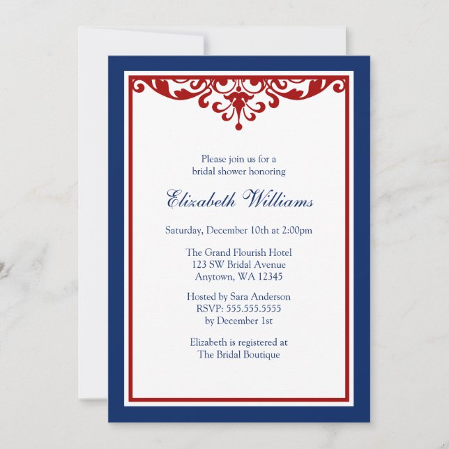 Navy Blue and Red Flourish Bridal Shower Invitation (Front)