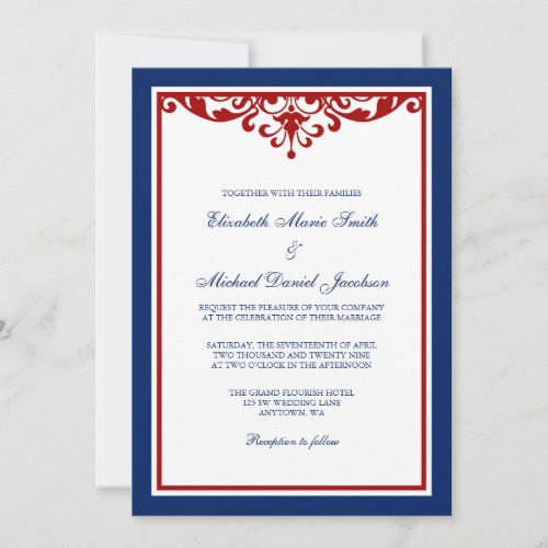 Navy Blue and Red Flourish Wedding Custom Announcements