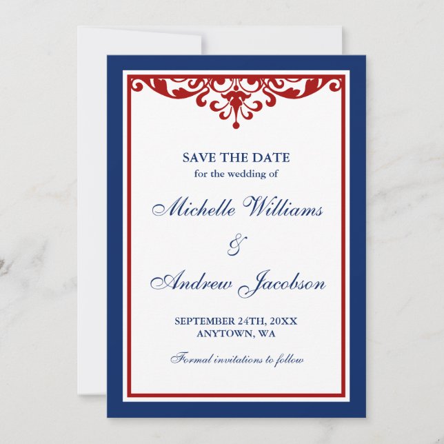Navy Blue and Red Flourish Wedding Save the Date (Front)
