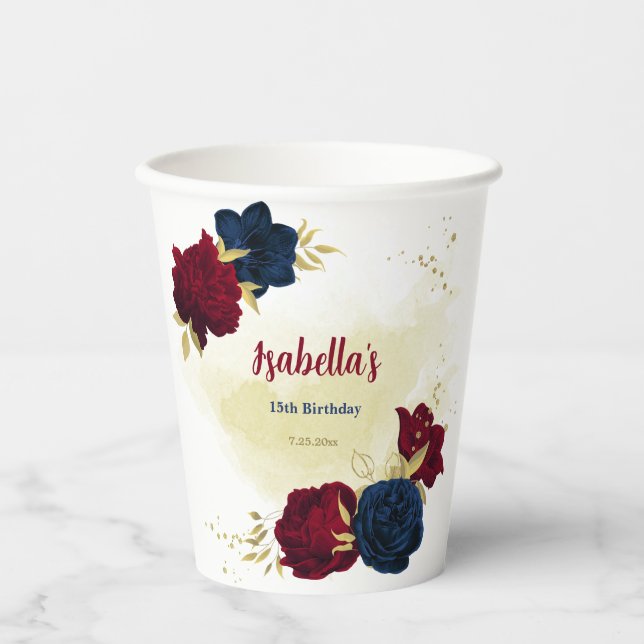  navy blue and red flowers greenery  paper cups (Front)