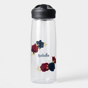 navy blue and red flowers greenery water bottle
