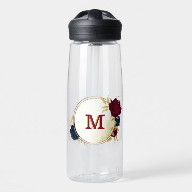  navy blue and red flowers greenery  water bottle (Front)