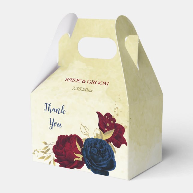  navy blue and red flowers greenery wedding favor boxes (Front Side)