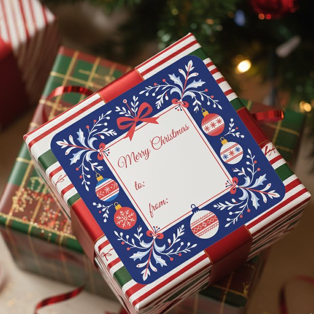 Navy Blue and Red Folk Art Christmas Ornaments Square Sticker (Creator Uploaded)