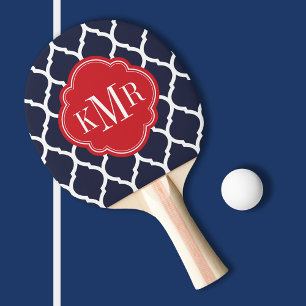 Navy Blue and Red Moroccan Quatrefoil Monogram Ping-Pong Paddle