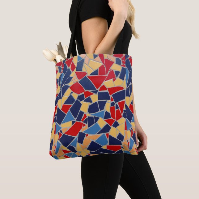 Navy Blue and Red Mosaic Tote Bag (Close Up)