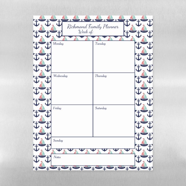 Navy Blue and Red Nautical Pattern Family Planner Magnetic Dry Erase Sheet (Vertical)