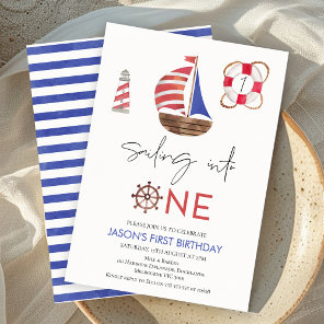 Navy Blue and Red Nautical Sail Boat 1st Birthday  Invitation
