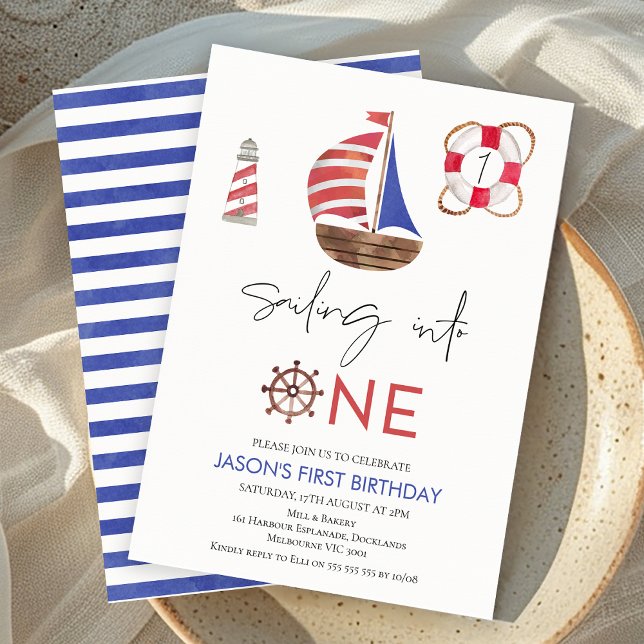 Navy Blue and Red Nautical Sail Boat 1st Birthday  Invitation (Nautical Sailing Into 1st Birthday Invite Boy Sailing Boats Party Invitation Printable Navy Blue Red)